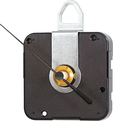 A close-up studio shot of a clock movement mechanism with hands.
