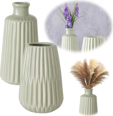 Produktbild von LS-LebenStil Nordic Blumen-Vase Oslo 2´er Set Creme Grün Keramik Tisch-Vase Pampasgras Keramikvase Wohnzimmer Schlafzimmer Esstisch Boho Nordic