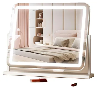 Produktbild von VEVOR Schminkspiegel mit Lichtern, drei Farbbeleuchtungsmodi, beleuchteter LED-Make-up-Spiegel und 5-facher Vergrößerung, USB-Anschluss, Smart-Touch-Steuerung, 360°-Drehung (55x45 cm, Weiß), Lichtstreifen, Nicht-Bluetooth-Modell