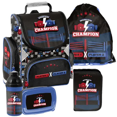 Produktbild von Schulranzen 5-tlg. Set für Mädchen & Jungen CHAMPION BOXING – Paso Ranzen, Mäppchen, Tasche, Flasche, Frühstückstasche