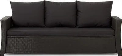 A black sofa with three cushions on a white background.