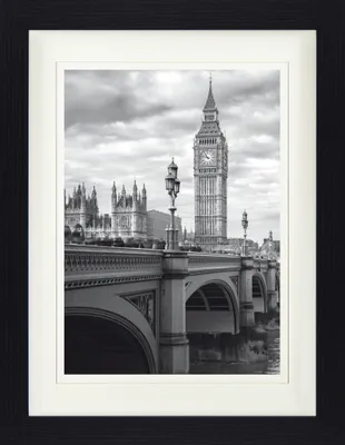 Zdjęcie produktu dla Oprawione zdjęcie Londynu z eleganckim passepartout | Sztuka ścienna | W ramce na zdjęcia - Big Ben i Most Westminsterski (40 x 30 cm)