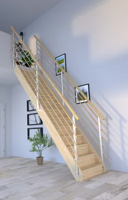 Produktbild von Holztreppe Korfu gerade-Design Geländer Holzrundstäbe-beidseitig-mit Setzstufen