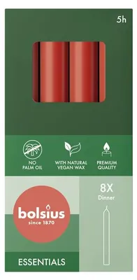 Zdjęcie produktu dla Świece na patyku, delikatna czerwień, BOLSIUS Essentials, 20/170 mm, czas palenia ok. 5 godzin, 8 sztuk w opakowaniu, świece torpedowe, świece obiadowe