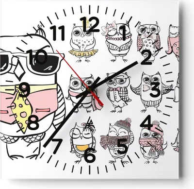 Produktbild von Wanduhr - Quadrat - Glasuhr - Eule Spaß Junge fröhlich - 40x40cm - Schleichendes Uhrwerk - Lautlos - zum Aufhängen bereit - Dekoration Modern - Wanddekoration aus Glas - C4AC40x40-2905