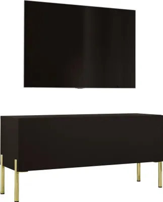 Zdjęcie produktu dla Szafka pod telewizor: czarna matowa z nogami w kolorze złotym, 100 x 52 x 32 cm
