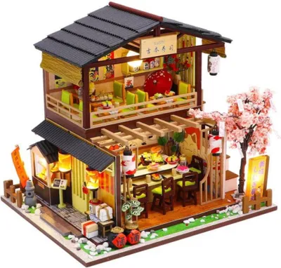 Zdjęcie produktu dla Habarri | Miniaturowy Domek - DIY Domek dla Lalek - Drewniany Domek z Meblami i Oświetleniem LED - Prezent dla Dzieci - Sakura Sushi