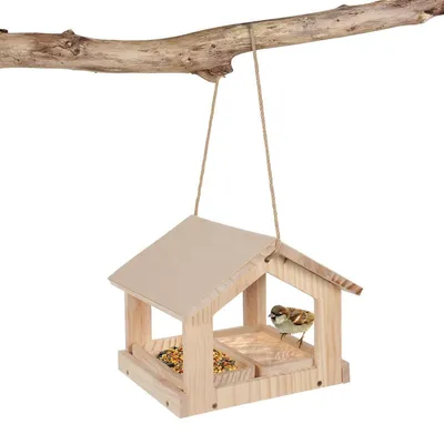 Image de Maison à oiseaux en bois, conçue pour être suspendue, en bois naturel résistant aux intempéries, avec 2 mangeoires, idéale pour le jardin et le balcon