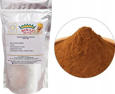 A collage showing a bag of ground cinnamon and a close-up of the cinnamon powder.