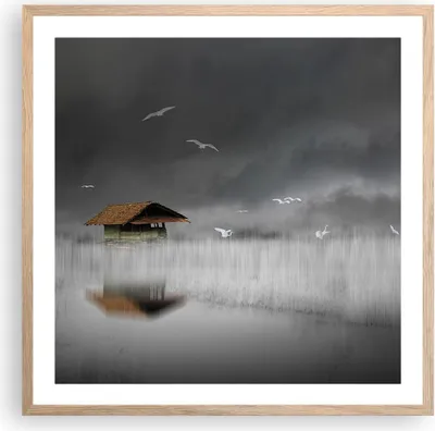 Produktbild von Gerahmtes Poster - Rahmen in heller Eiche - Hütte Nebel Sumpf - 60x60 cm - Wand Bild - Wanddeko - Wandbilder - Kunstposter - Wandposter - Bilderrahmen - Bilder - Kunstdruck - P2NAC60x60-4896
