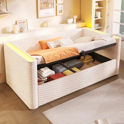 Produktbild von okwish Schlafsofa 90x200 Tagesbett Kinderbett mit Bettkasten,Jugendbett mit Hydraulikmechanismus,Daybett mit LED-Beleuchtung und Lattenrost,beige (mit Matratze)