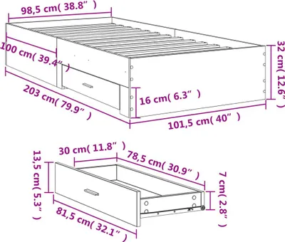 Produktbild von vidaXL Bettgestell mit Schubladen Grau Sonoma 100x200 cm Holzwerkstoff