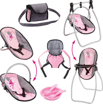 Produktbild von Bayer Design 63694AB Puppenzubehör Set, Puppenhochstuhl, Puppentrage, Tasche, Zubehör, rosa, grau