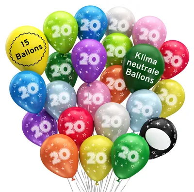 Bio-Latexballons 20. Geburtstag, 15 Stück, ø32 cm, Nummer 20