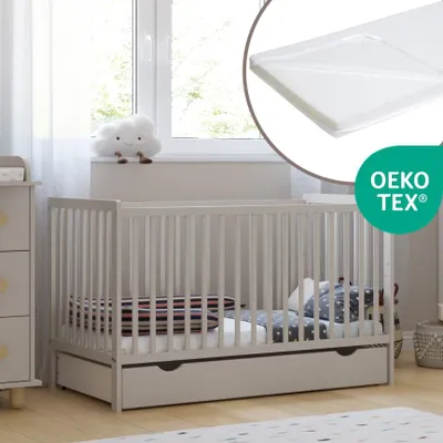 Produktbild von ZEE LUMI Kaschmir Babybett 120x60 cm mit Matratze Schublade & Schutzgitter 2in1 Kinderbett aus Kiefernholz Höhenverstellbar EN 716 Juniorbett