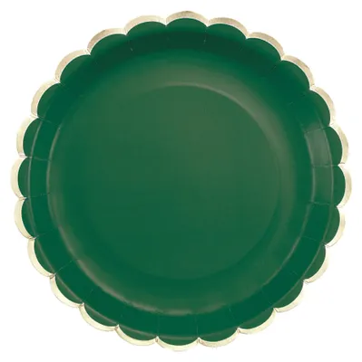 Produktbild von 8 grüne Pappteller mit Goldrand 23 cm Weihnachtsgeschirr -