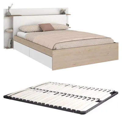 Produktbild von Bett 140 x 190/200 cm mit 4 Schubladen - Natur und weiß + Rahmen - TILONIDE