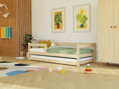 Produktbild von Einzelbett aus Holz SAFE 5-in-1 mit Barriere und Ausziehbett 80x180 cm Ziegel, Mit einem Rausfallschutz