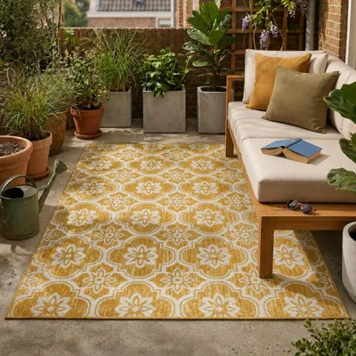 Produktbild von Volero - Outdoor Teppich - Rio Flower Gelb - 80x150cm - Balkon, Garten, Terrasse, Wintergarten - Boho