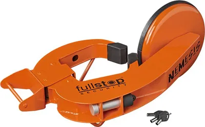 A wheel clamp lock for a vehicle, with keys.