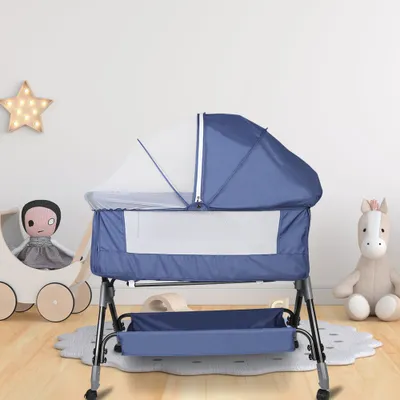Produktbild von Beistellbett höhenverstellbar Babybett mit Rollen Moskitonetz 104x52x80-92cm marineblau