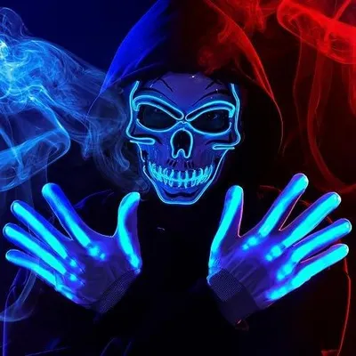 Zdjęcie produktu dla Maska czaszka LED ze świecącymi rękawiczkami halloween straszna