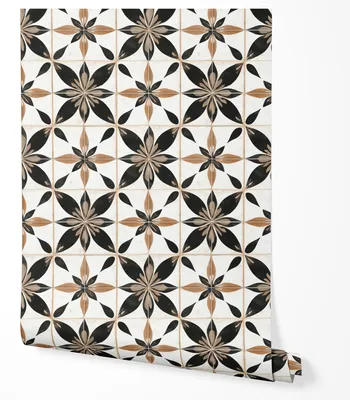 Produktbild von Vliestapete Fliesenoptik Schwarz Beige Ornament Retro 3D Muster Vintage Tapete Wohnzimmer Schlafzimmer Flur Küche Modern Abwaschbar UV-beständige Tapete 5m x 0.5m