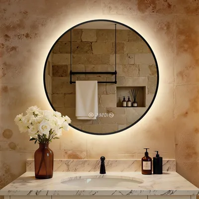 Produktbild von S'AFIELINA Badspiegel mit Beleuchtung Rund 70 cm Diameter,LED Badspiegel mit Touch, Beschlagfrei, Dimmbar, Uhr, Temperatur, Speicherfunktion,Schwarzer