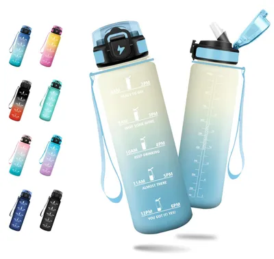 Produktbild von Trinkflasche 1L Auslaufsicher mit Strohhalm, Motivationsmarkierung, Sportflasche