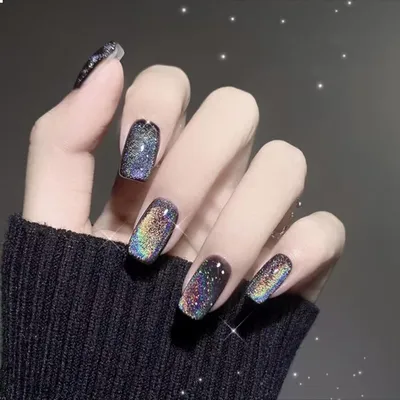 Image de 24 pièces noires scintillantes Press on Ongles courts carrés Faux ongles GlamRays