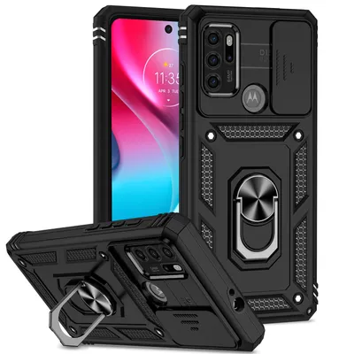 Immagine prodotto di Custodia per Motorola Moto G60S a doppio strato con copertura scorrevole della fotocamera e supporto ad anello nero