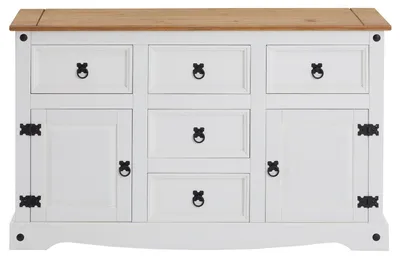 Produktbild von Sideboard CAMPO, Kommode Kiefer massiv, weiß lasiert, 5 Schubladen und 2 Türen