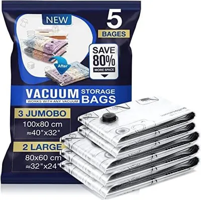 A package of vacuum storage bags with a stack of the bags shown next to it.