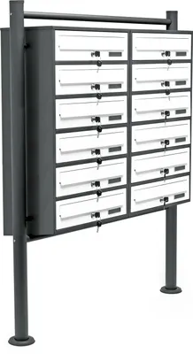 Obrázok produktu pre Systém poštových schránok Wiltec 12 biela/antracitová 898 x 270 x 1500 mm, voľne stojaca poštová schránka s 2x6 priehradkami, kľúčom a menovkou, poštová schránka so stojanom