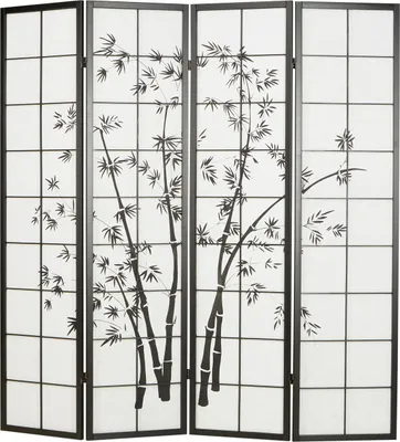 Image de 4 pan Paravent japonais bois en noir dessin bambou