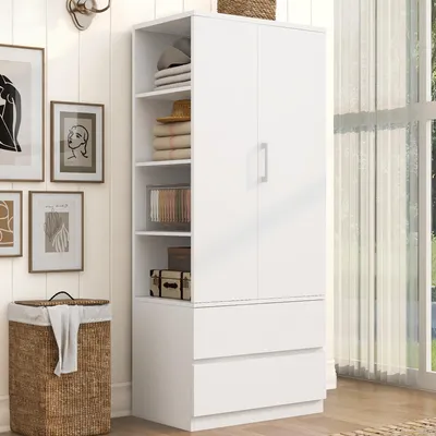 Produktbild von Merax Kleiderschrank mit Kleiderstange und 2 Schubladen, Hochschrank mit offenen Ablagefächern und Türen, Garderobenschrank, Schlaf / Wohnzimmer, Weiß
