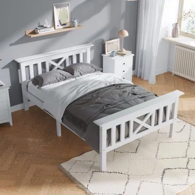 Zdjęcie produktu dla Łóżko z litego drewna z zagłówkiem – 90 x 200 cm – białe