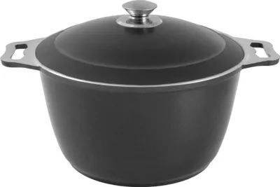 A black pot with a silver lid and handles, isolated on a white background.