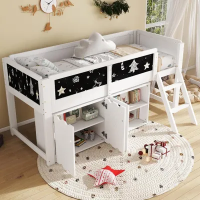 Produktbild von Kinderhochbett 90x200cm aus Kiefer, MDF und Sperrholz, weißes Hochbett mit doppeltürigem Stauraumschrank und Kreidetafel für Kinderzimmer