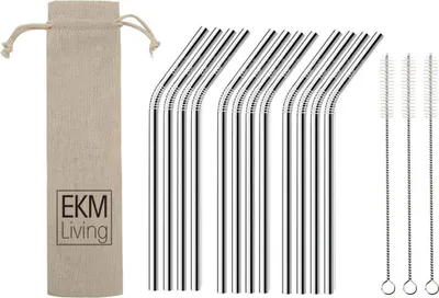 Image de EKM Living Edelstahl Strohhalme 12er Set Silber gebogen GmbH, Trinkhalme, bruchfest, wiederverwendbar, spülmaschinengeeignet, plastikfrei (Silber gebogen, 12)