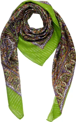 Produktbild von Baumwolltuch mit indischen Blumen, Muster 05, grün mit silbernem Lurex, quadratischer Stoff