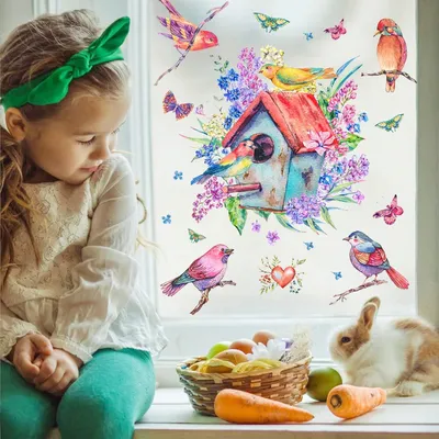 Produktbild von Selbstklebende Fensterbilder VOGELHAUS & BLÜTEN für Fensterdekoration