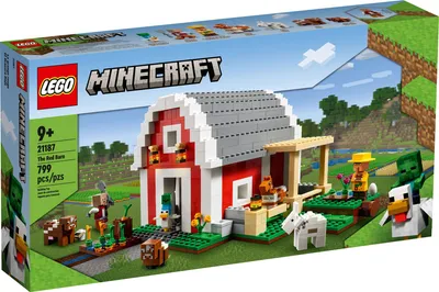 LEGO Minecraft The Red Barn set packaging showing the assembled barn and farm animals.