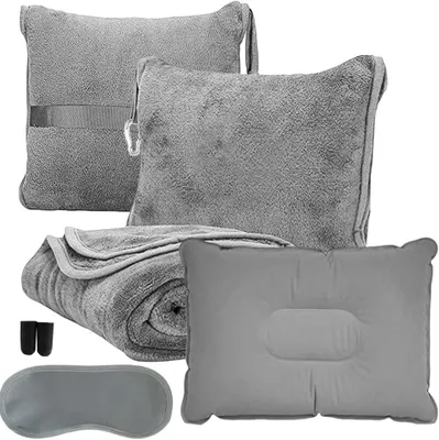 Imagen del producto de Kit de viaje 3 en 1, ultraligero, con almohada inflable para el cuello, que incluye antifaz y tapones para los oídos, ideal para