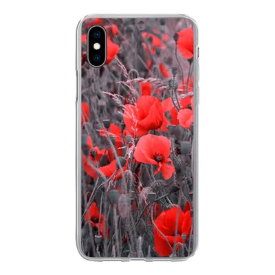 Produktbild von MuchoWow® Handyhülle Schutzhülle Hülle für iPhone Xs Rote Mohnblumen in einem Schwarz-Weiß-Bild Silikon Softcase Handy Hülle - Handytasche