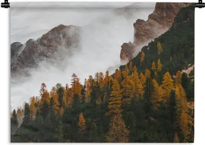 Produktbild von MuchoWow® Wandteppich Wandbehang Berg - Nebel - Wald 150x112.50 cm Tapisserie Dekoration Wandtuch - Wanddecke - Wandteppiche