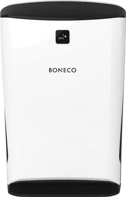 A white and black BONECO air purifier is shown from the front on a white background.