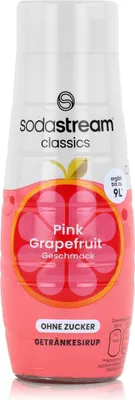 A bottle of SodaStream Pink Grapefruit flavored syrup, sugar-free.