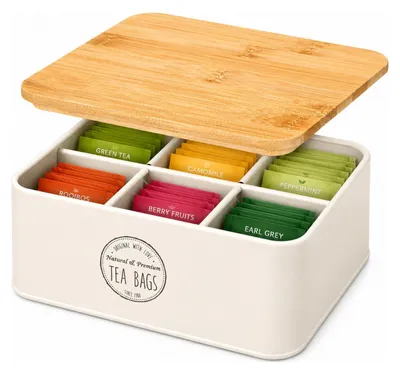 Produktbild von Kinvara Teedose – weiss – 6 Facher – Metall – 16 x 19 x 8 cm – mit Bambusdeckel