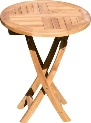 A round wooden folding table with an X-shaped base, photographed against a white background.